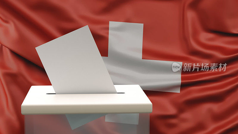 Blank ballot with space for text or logo is dropped into the ballot box against the background of the flag of Switzerland. Election concept. 3D rendering. Mock up